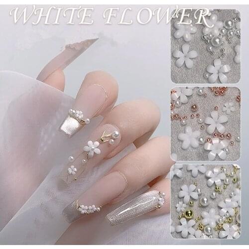 Multiple White Flower Steel Ball Nail Art Decorations Resin Snowflower Slices Caviar Beads Nails Rhinestone Manicure Accessories