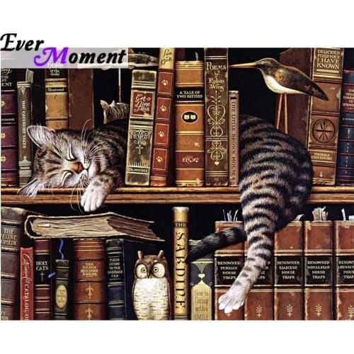NEW Full DIY Diamond Painting Kits Cross Stitch Square Diamond Embroidery Rhinestones bookcase Cat Diamond Mosaic Crafts ASF632