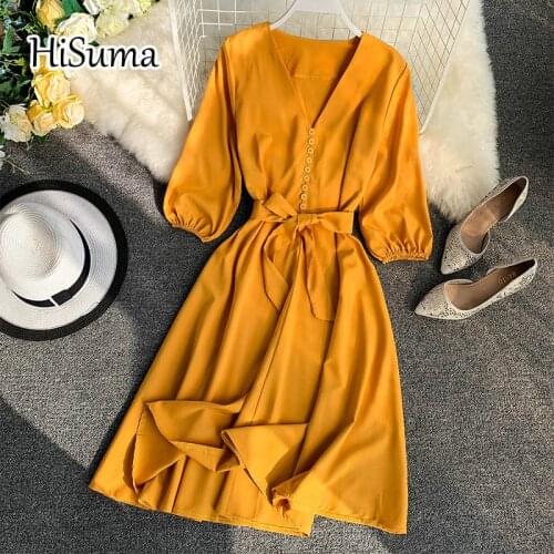 HISUMA 2020 spring summer New female V-neck half sleeve Single-breasted fairy A-line Dress women elegant lace-up chiffon dresses