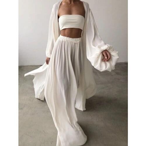 Autumn Style New Ladies Suit Long-sleeved Solid Color Chiffon Top High-waist Wide-leg Pants Three-piece Womens Clothing WF25