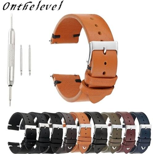 Onthelevel Genuine Leather Retro Strap 18mm/20mm/22mm/24mm Replacement Wristband Pigskin Black/Brown/Green Quick Release Straps