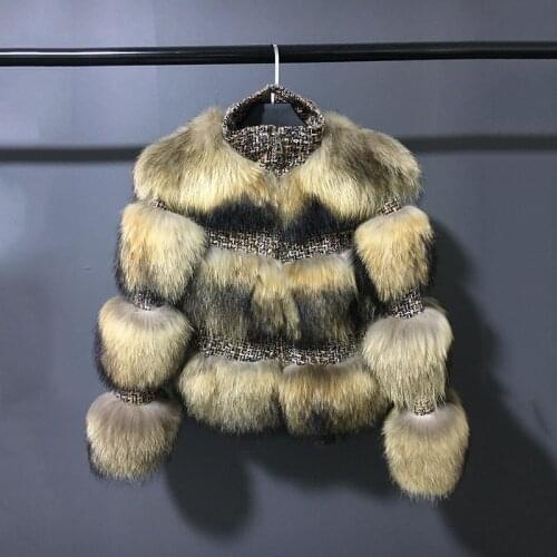 Rf1930 Promotion Luxury Full Pelt Natural Raccoon Fur Striped Coat Women Zipper Long Sleeve Winter Real Fur Jacket