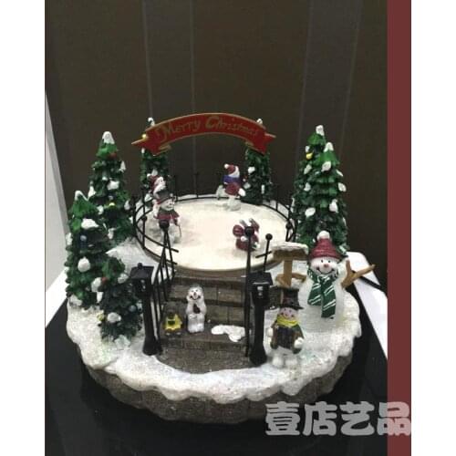 Snowman Kids Skating Rotating Rink Winter Snow Sight Light Village Decoration Christmas Gift Home Decoration