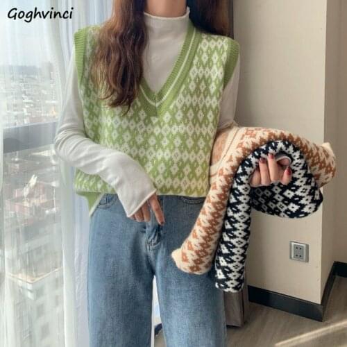 Sweaters Vest Women Autumn Argyle Preppy Style Students Vintage V-neck Knitted Loose Korean Casual Outerwear Chic Sweet Tops New