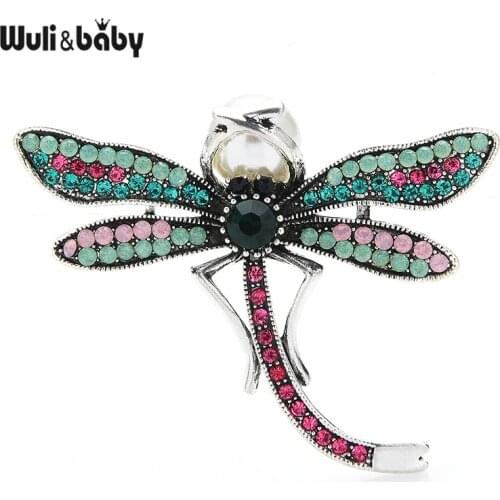 Wuli&baby Dragonfly Brooch Pins Multicolor Crystal Rhinestone Wings Pearl Insect Women Jewelry Gift 2021