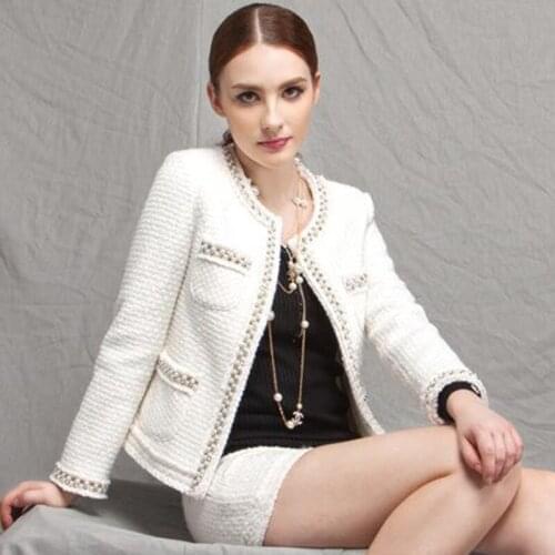 Luxury Design Tweed Jacket Women Pearls Beading O-Neck Long Sleeve Woolen Cardian Coat Vintage Office Lady Outwear Autumn Winter