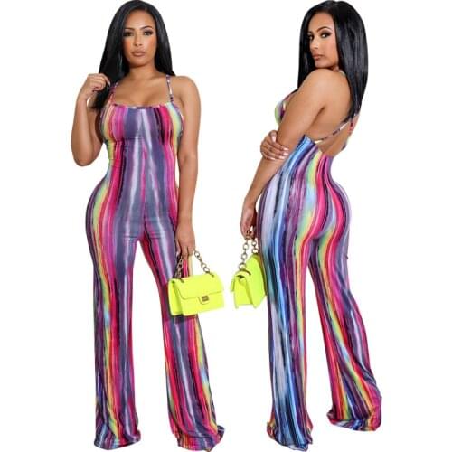 Jump Suits for Women Beach Style Print Straight Full Length MID Thin Wide Leg Pants Jumpsuits for Women 2021 Elegant