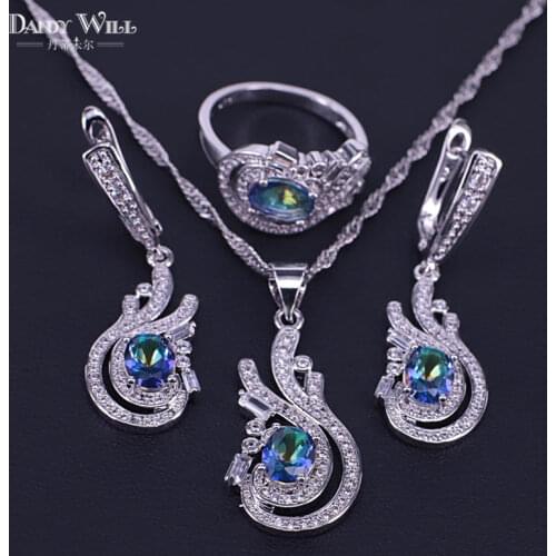 Classic Geometric Rainbow Zircon For Women 925 Silver Jewelry Sets Necklace Pendant Earrings Rings Free Shipping