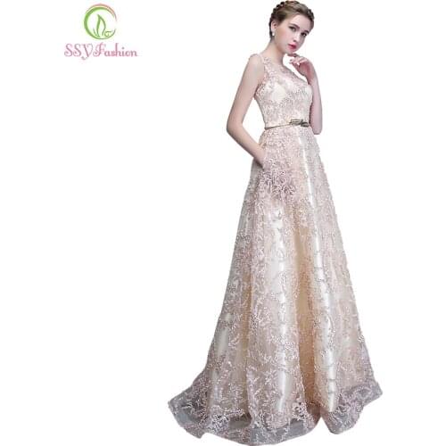 SSYFashion New Evening Dress Elegant Banquet Champagne Lace Sleeveless Floor-length Long Party Formal Gown Custom Robe De Soiree