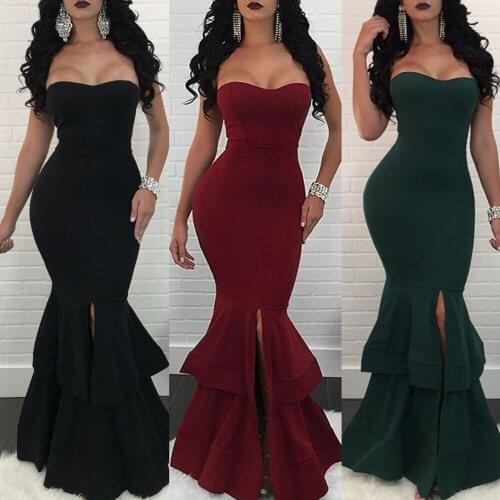 Women Strapless Mermaid Wedding Evening Party Dress Sexy Off Shoulder Front Slit Layered Ruffles Bodycon Maxi Formal Dress Robe