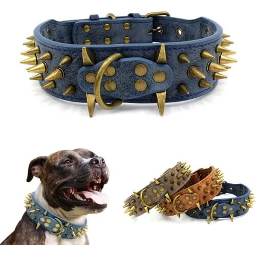 2" Wide Sharp Spike Studded Leather Dog Collar Pitbull Bulldog Big Dog Collar Adjustable For Medium Large Dogs Boxer Pet Product