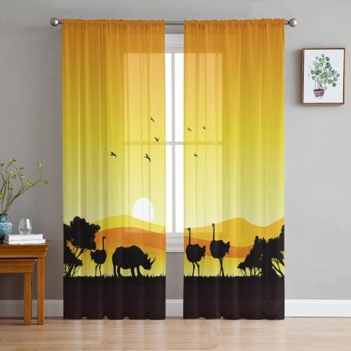 African Sunset Landscape Ostrich Rhinoceros Silhouette Voile Tulle Sheer Curtains for Bedroom Living Room Kitchen Decor Curtain