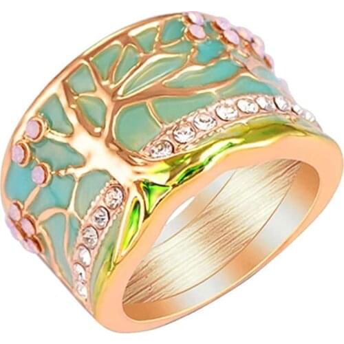 AMORUI Tree of Life Rings For Women Girlfriend Vintage Lucky Flower Pink Opal Green Enamel Wide Ladies Rings