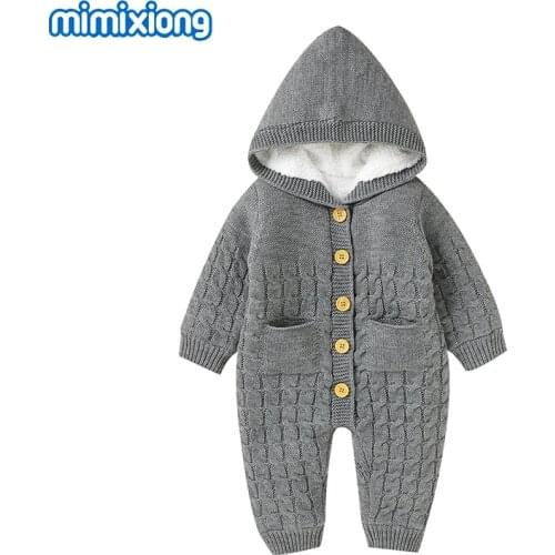Baby Rompers Winter Warm Knitted Newborn Boy Girl Jumpsuits with Hood Long Sleeve Autumn Infant Kids Sweater Clothes Button Down