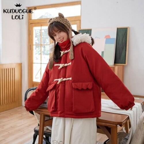 Japanese Style Cotton-Padded Jacket Girls Coat Sweet Thick Solid Color Horn Buckle Super Loose Fit Hooded Women Christmas Winter