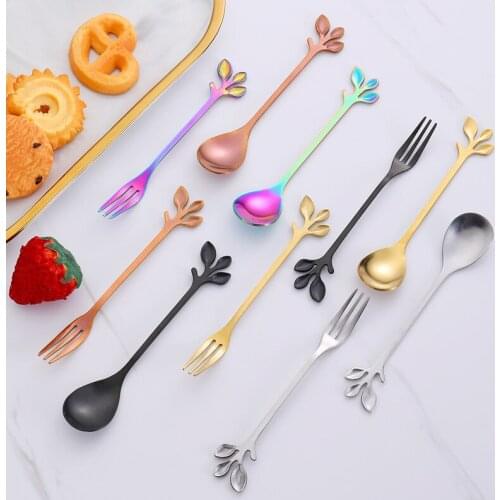 Ins Fresh Style Japanese and Korean Stainless Steel Spoon Creative Leaves Stir Coffee Spoon Small Spoon Fruit Moon Cake Fork