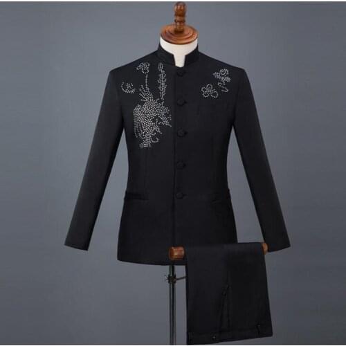 Stand collar clothes men Chinese tunic suit homme terno stage costumes singers jacket men sequins blazer dance dress white