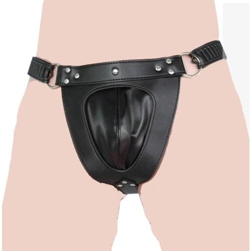 Mens PU Leather Chastity Harness Underwear Lockable Waist Belt Crotch Pouch Cage Briefs Fetish Costume Under Pants Outfit