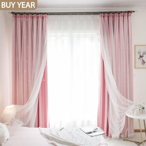 Pure Color Shading Nordic Chattering Mesh Red Hollowed Stars Curtains for Living Dining Room Bedroom