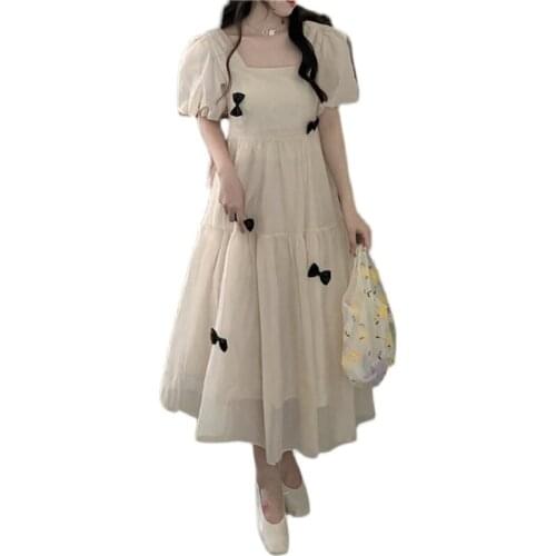 2021new fashionLarge size French retro gentle wind dress long summer fat sister Square collar sweet bow puff sleeve fairy dress
