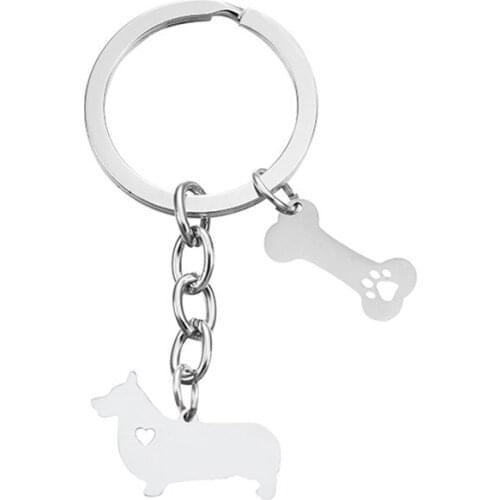 New Welsh Corgi Keychains Trendy Style Stainless Steel Welsh Corgi Heart Key Chains Dog Bones Welsh Corgi Keyrings Jewellery