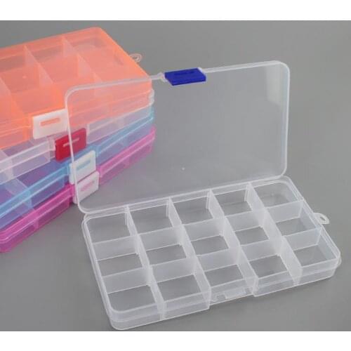 Plastic 15 Grids Compartment Adjustable Jewelry Box Necklace Earring Transparent Storage Box Case Holder Organizer Boxes SN415