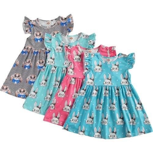 FOCUSNORM 1-6Y Toddler Kids Baby Girl Dress Fly Sleeve Rabbit Print A-line Dress Holiday Party Clothes