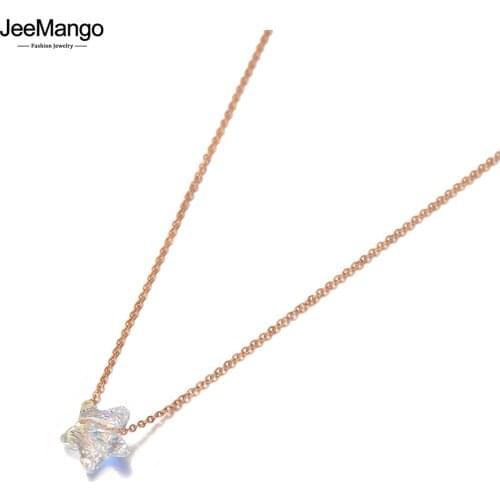 JeeMango Simple Design Rose Gold CZ Crystal Star Charm Pendant Necklaces For Women Trendy Titanium Steel Office Necklace JN20172