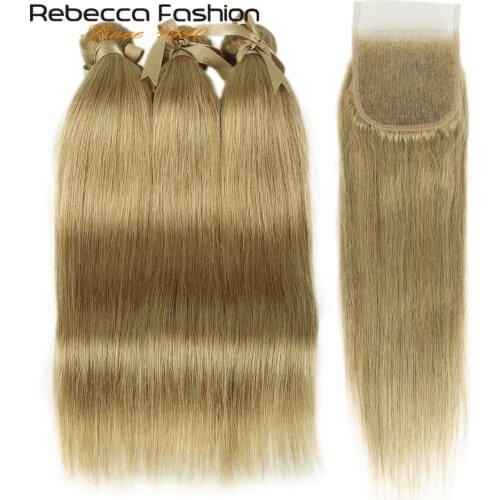 Rebecca Golden Blonde 30# Bundles With Closure Brazilian Straight Human Hair 3 Bundles With Closure Remy