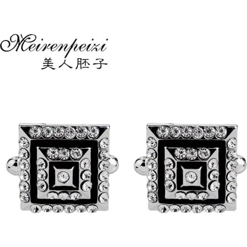 Silver Crystal Cufflinks Suit Accessories for Men Women Luxury Wedding Cuff Link for Groom Gifts Black Cuff Button