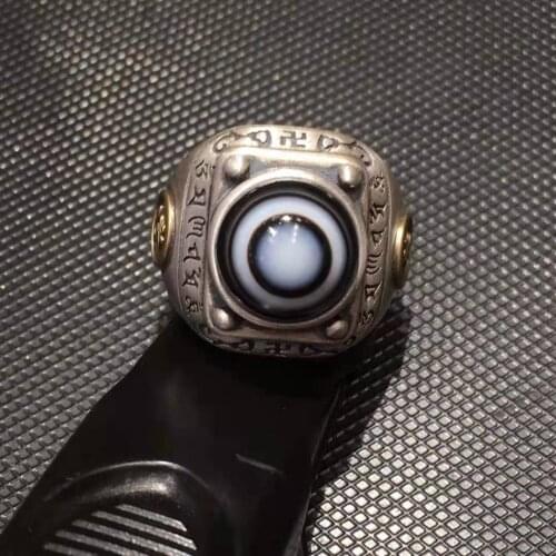 Silver inlaid precious Tibetan Buddhist scriptures Buddha eyes agate ring adjustable retro fashion fine workmanship unique