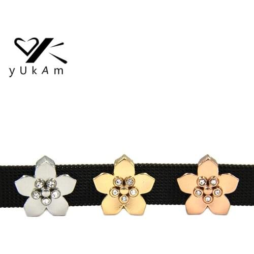 YUKAM Imitation Pearl Crystal Rhinestones Plum Blossom Flowers Slide Charms Keeper for Mesh Bracelets Jewelry Accessories Making