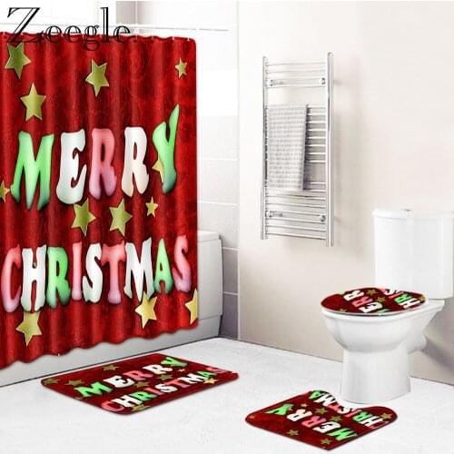 Zeegle 4pcs Christmas Bath Curtain Bathroom Decoration Shower Curtain Anti-slip Set Bathroom Toilet Pedestal Rug Bathroom Carpet