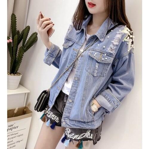Hole Ripped Long Sleeve Single Breasted Lapel Women Denim Coats Spring New Brand Embroidered Flares Sequins Female Loose Jackets