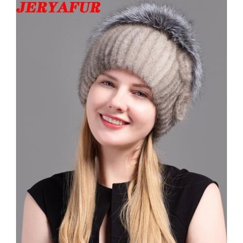 JERYAFUR Women Hat Fashion Winter Mink Fur Pom Pom Hat Ladies Warm Thick Style Real Fur Girls Hat Elegant Fox Knitted Hats