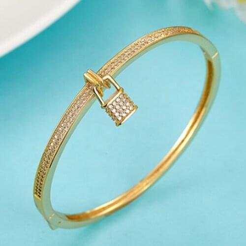 Zlxgirl jewelry Women size brand Key shape micro pave setting Gold bangle jewelry Womens wedding bridal jewellry free bags
