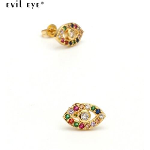 EVIL EYE Micro Pave Rainbow Zircon Stud Earrings Gold Color Copper Turkish Eye Earrings Fashion Jewelry for Women Ladies EY6404