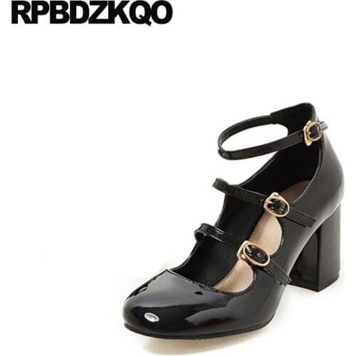 Pumps High Heels Ankle Strap Strappy 11 43 Plus Size Round Toe Black 4 34 10 42 Thick Patent Leather 2018 3 Inch Party Shoes Red