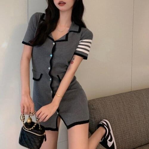 Korean Style Dress Female Slim Slim Striped Short Sleeves Hit Color Single-breasted Knit Short Skirt Dress
