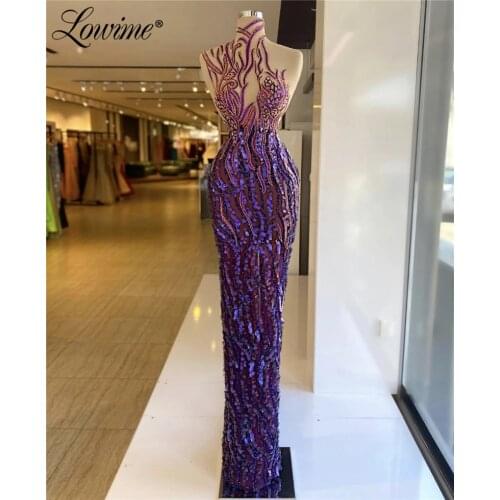 Lowime Purple Beaded Evening Dresses 2021 New Arrival Couture Long Party Dress Illusion Arabic Dubai Prom Gowns Robe De Soiree