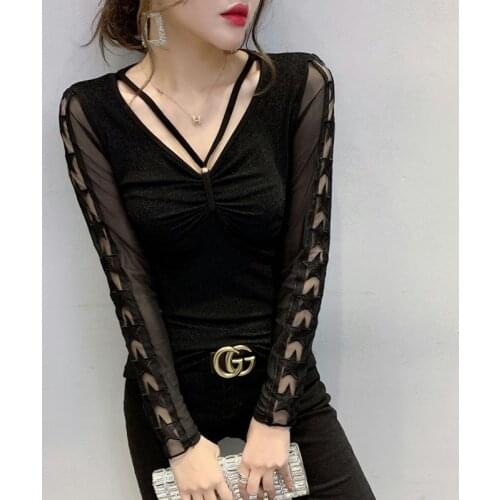 #8565 Black Red Spliced Mesh Long Sleeve Hollow Out T Shirt Women V Neck Sexy Skinny T Shirt Femme Stretch Mesh T Shirt For Girl