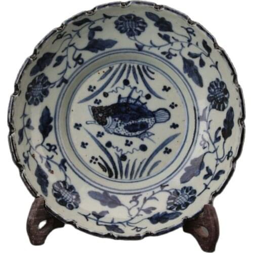 Antique porcelain ornaments, blue and white hand painted fish, algae, flowers and fruit plates. Free Delivery