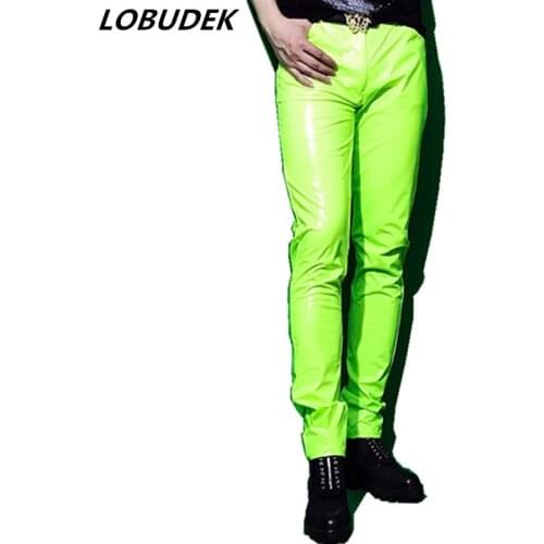 Men Skinny Stretch PU Leather Pants Spring Autumn Motorcycle Faux Leather Trousers Bar Stage Rock Singer Hip Hop Dance Costume