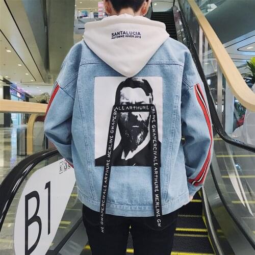 2021 Hand painted printing Men Denim Jacket Cartoon Graffiti Print Loose Coats Vintage Hip Hop Leisure Outerwear