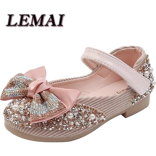 New Children Leather Shoes Rhinestone Bow Princess Girls Party Dance Shoes Baby Student Flats Kids Performance Shoes D2088