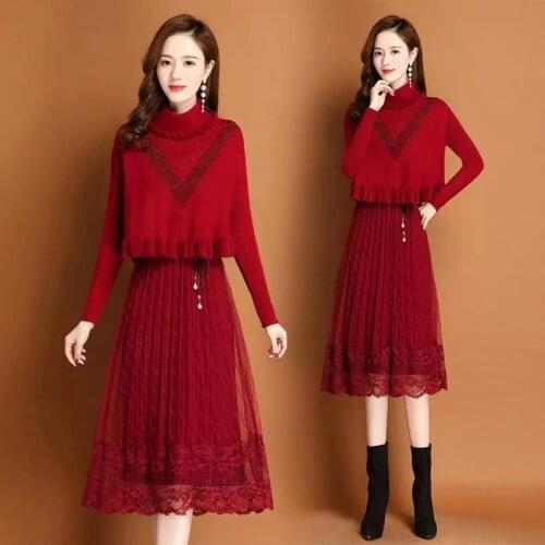 Autumn Spring Woman Knitted Dress Female Slim Midi Dress Ladies Casual Long Sleeve Button Thin Sets Knitwear 2 Piece Suits Q99