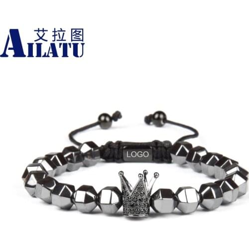 Couples Crown Bracelet Hematite Stone Beads Braided Bracelet No Fade CZ Charm Laser Marking Logo Engrave Drop Shipping