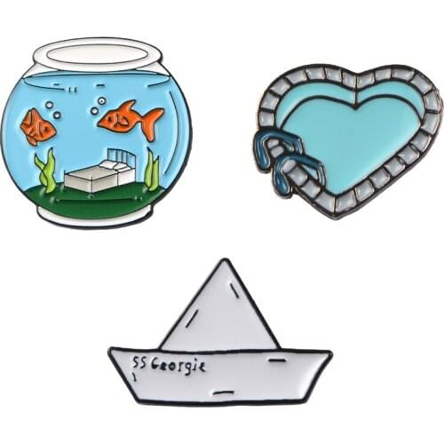 Fish tank Paper boat Enamel Pin Heart Swimming pool badge brooch Lapel pin Denim Shirt Collar Cartoon Jewelry Gift Kid Friend