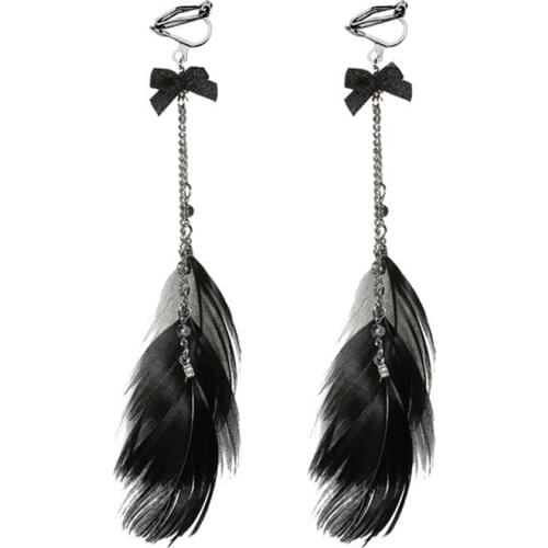 JIOFREE Europe and America black swan Feather long bow-knot charm Clips on Earring Without Piercing Vintage Earrings jewelry
