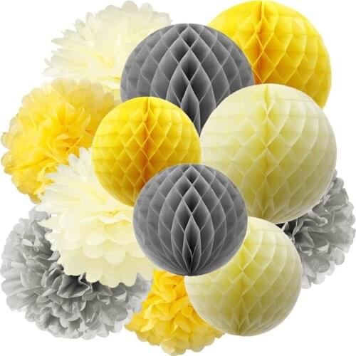 12pcs/set Yellow Grey Pom Pom Flower Tissue Paper Pompom Balls Paper Flower Hanging Pom for Bridal Baby Shower Girls' Birthday